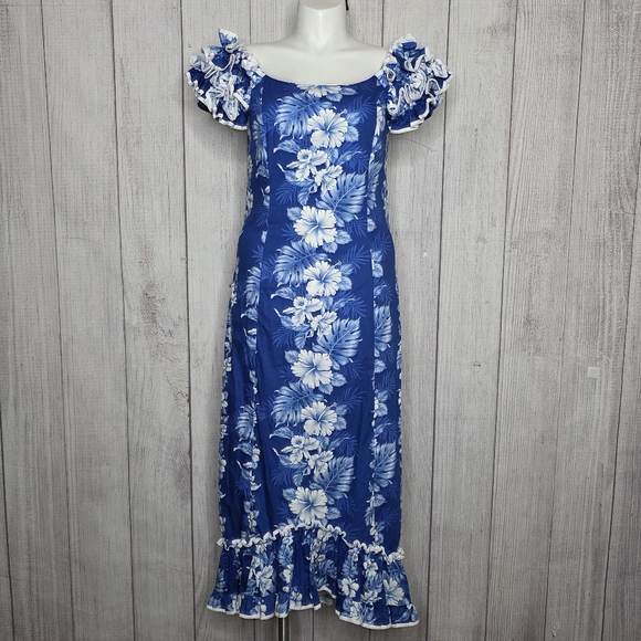 Vintage KY’S Hawaiian Dress Blue White Floral Ruffle Maxi Made in Hawaii L - Picture 1 of 7